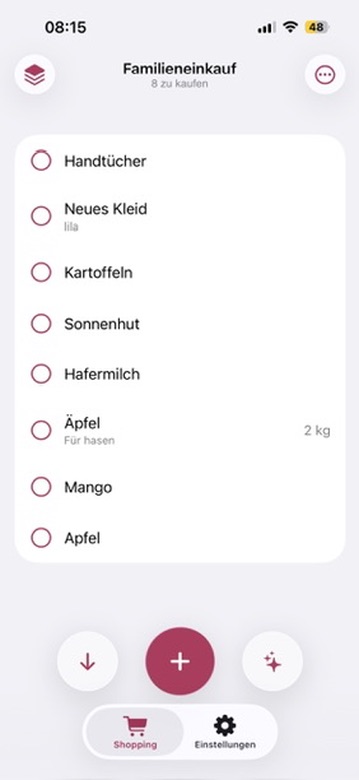 Shopping list with items and quantities