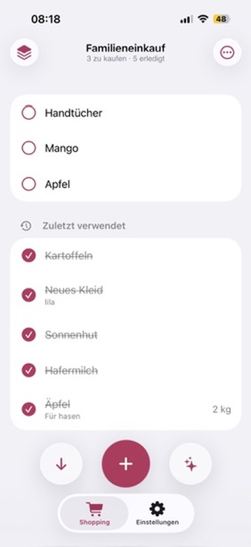 Completed items and recently used entries